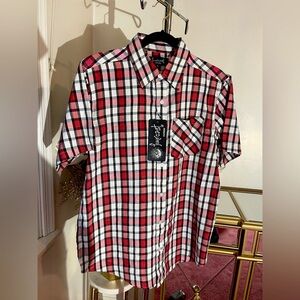 NWT Fourcast clothing SS men’s button down collar front pocket shirt red black M